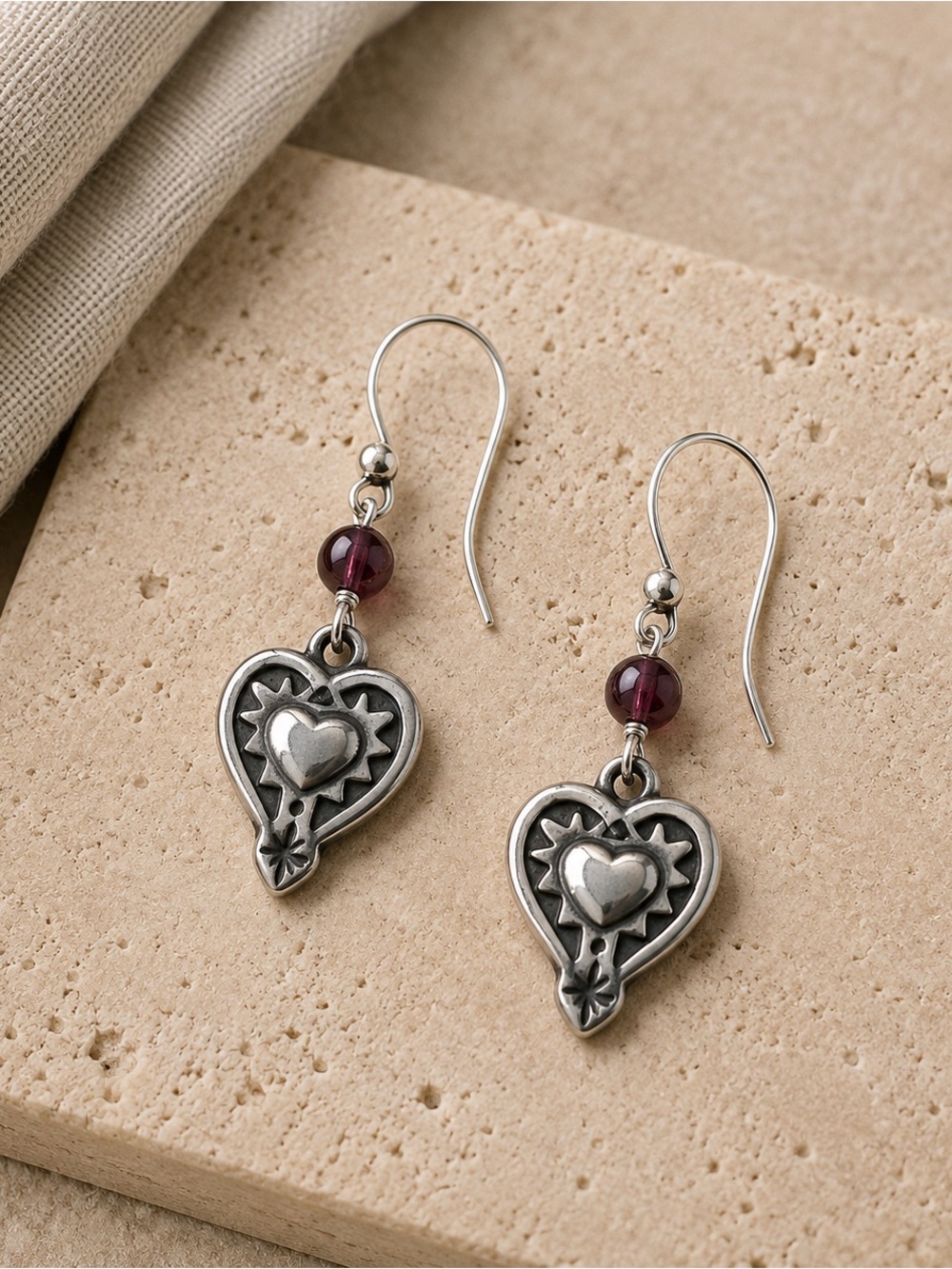 Vintage Silpada (W0953) Sterling Silver Garnet Heart Drop Earrings 1.5” #654
